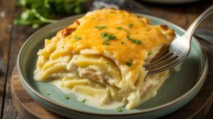 a plate of cheesy scalloped potatoes