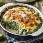 a baking dish of creamed spinach and melted cheese