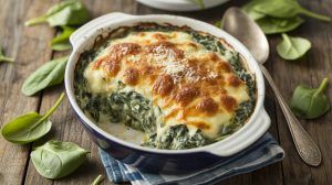 a baking dish of creamed spinach and melted cheese