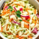 a bowl of coleslaw with apple shreds and a creamy dressing