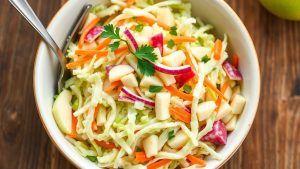 a bowl of coleslaw with apple shreds and a creamy dressing
