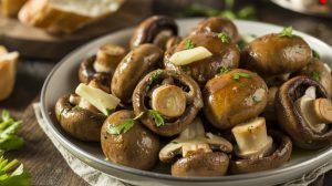 a bowl of garlic butter roasted mushrooms