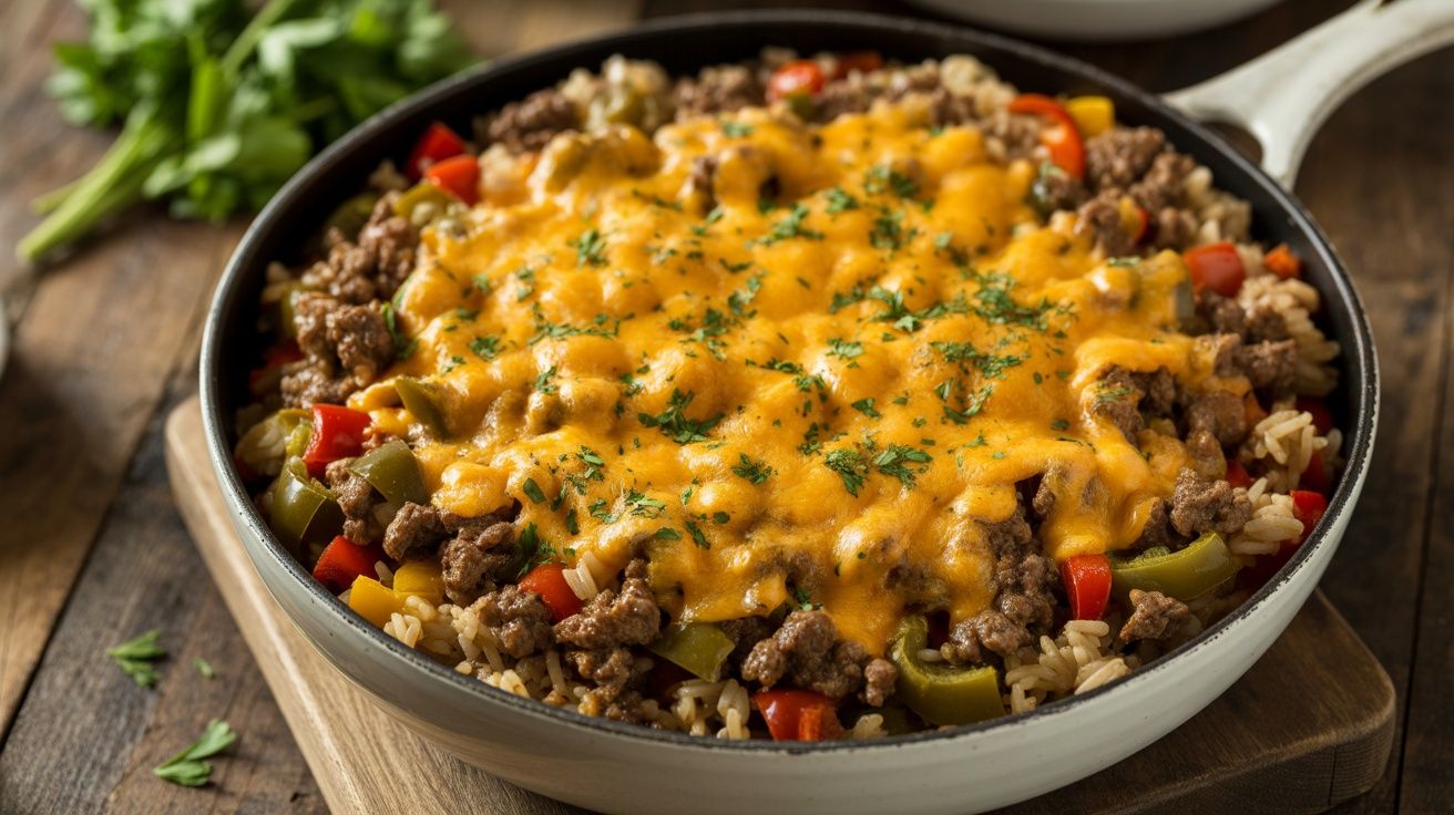 a skillet with ground beef, rice, and melted gooey cheese