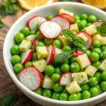 a bowl of fresh peas, radish slices, and fresh mint leaves