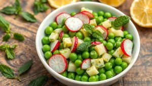 a bowl of fresh peas, radish slices, and fresh mint leaves