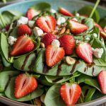 a bowl of fresh spinach leaves and strawberry halves with sliced red onion, feta cheese crumbles, and almond pieces