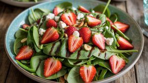 a bowl of fresh spinach leaves and strawberry halves with sliced red onion, feta cheese crumbles, and almond pieces