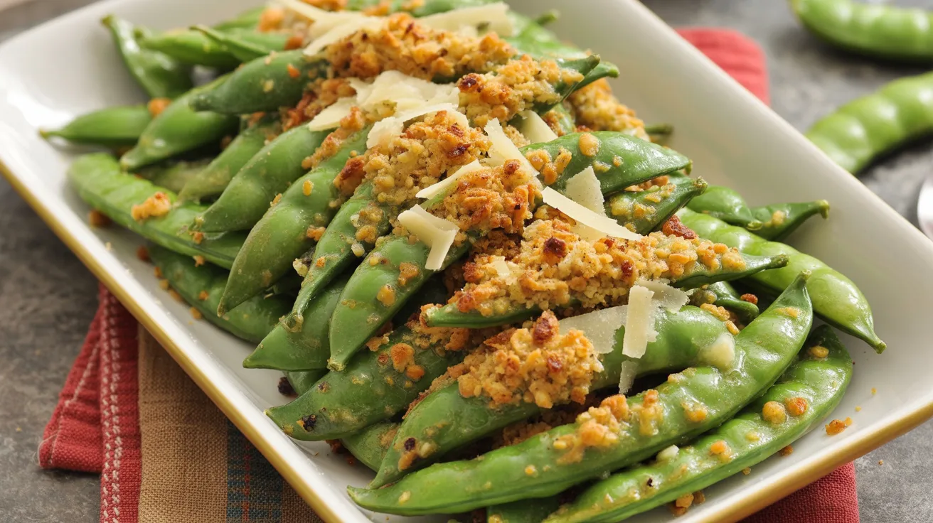 a platter of freshly roasted snap peas topped with fresh garlic, panko breadcrumbs, and fresh grated parmesan