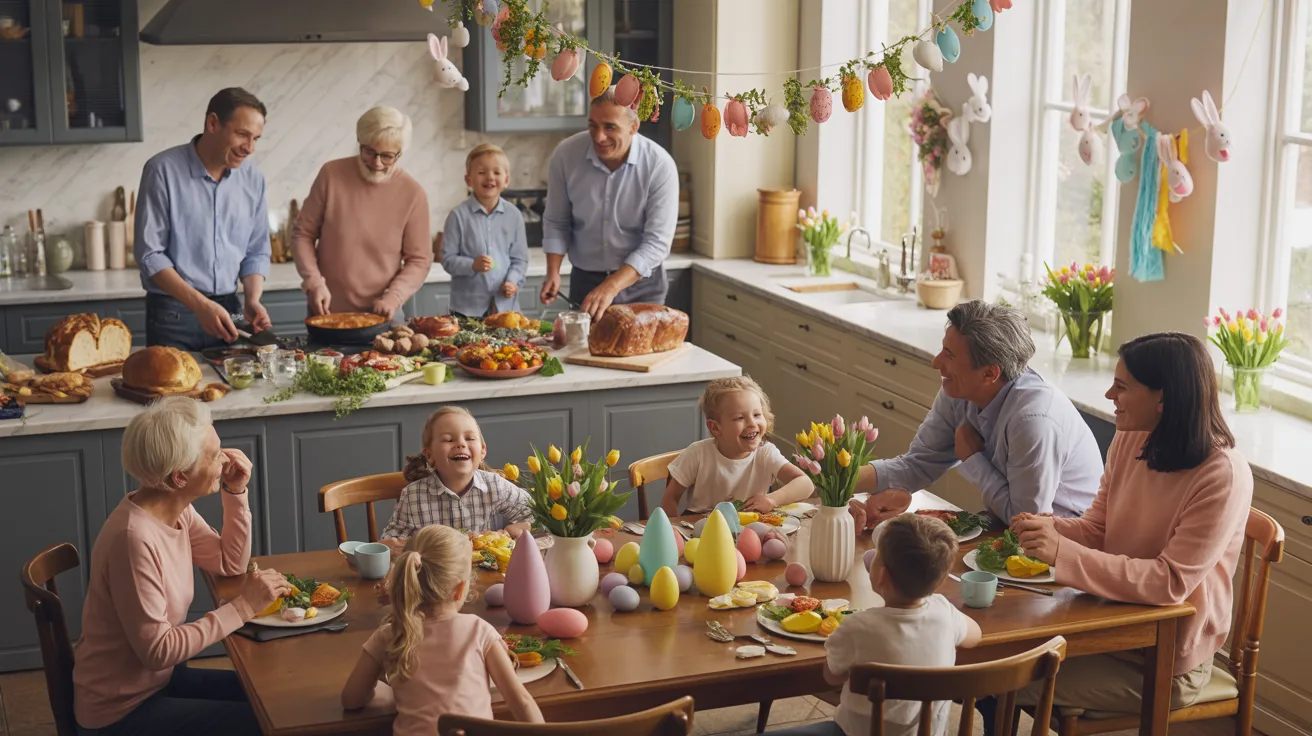 an Easter family gathering. We see 3 generations of a family and can see both a large dining area and a large open kitchen with lots of food being prepared and Easter decorations around