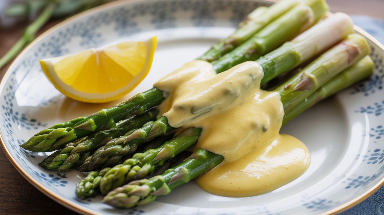 a plate of asparagus topped with hollandaise sauce