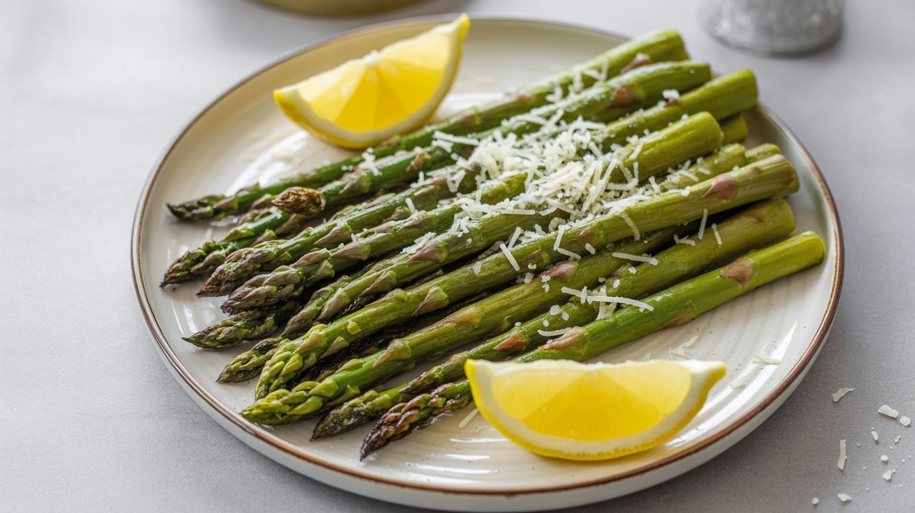 a plate of roasted asparagus topped with grated parmesan cheese and 2 lemon wedges