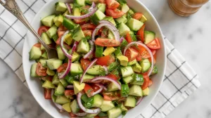 A vibrant summer salad consisting of diced cucumbers, diced avocado chunks, chopped red tomatoes, thinly sliced red onions, and fresh dill scattered throughout