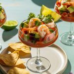 martini glasses filled with Mexican shrimp cocktail