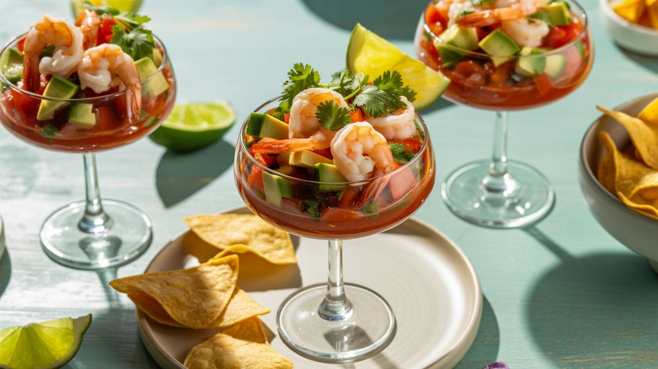 martini glasses filled with Mexican shrimp cocktail