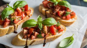 toasted Italian bruschetta on a platter topped with diced tomato chunks, fresh basil leaves, and topped with a drizzle of balsamic vinegar