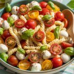 a bowl of caprese pasta salad with corkscrew pasta, halved cherry tomatoes, mozzarella balls, and fresh basil