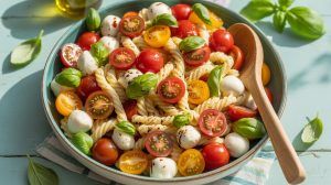 a bowl of caprese pasta salad with corkscrew pasta, halved cherry tomatoes, mozzarella balls, and fresh basil