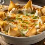 a bowl of crab rangoon dip surrounded by wonton chips