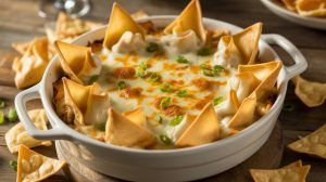 a bowl of crab rangoon dip surrounded by wonton chips