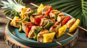 Grilled chicken and vegetable skewers