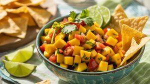 a bowl of colorful mango salsa with chips