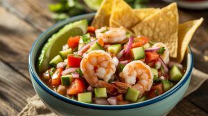 Colorful shrimp ceviche with tortilla chips