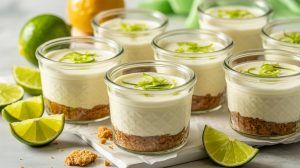 small jars of no bake key lime cheesecake with lime wedges
