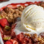 a white rectangular baking dish filled with strawberry rhubarb crisp and topped with a scoop of vanilla ice cream