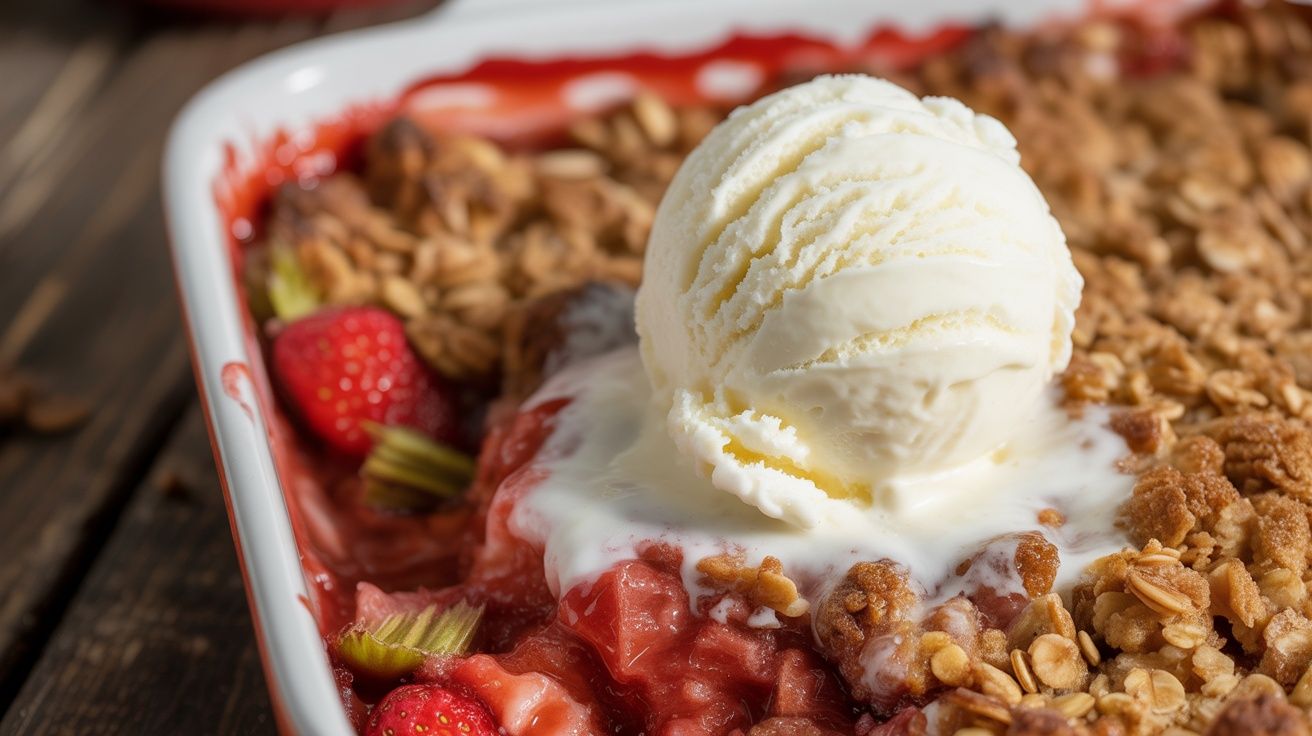 a white rectangular baking dish filled with strawberry rhubarb crisp and topped with a scoop of vanilla ice cream