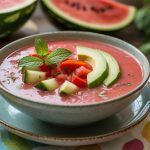 Chilled watermelon gazpacho with garnishes.