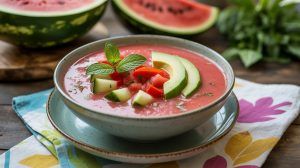 Chilled watermelon gazpacho with garnishes.