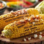 Grilled corn topped with seasoning and cheese.