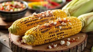 Grilled corn topped with seasoning and cheese.