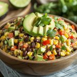 Colorful quinoa salad with black beans and fresh vegetables.