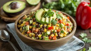 Colorful quinoa salad with black beans and fresh vegetables.