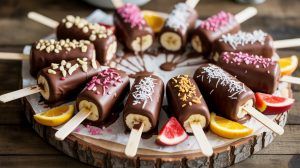 Chocolate-covered banana pops with toppings