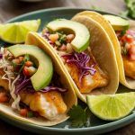 Three fish tacos with fresh toppings