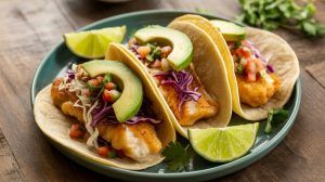 Three fish tacos with fresh toppings
