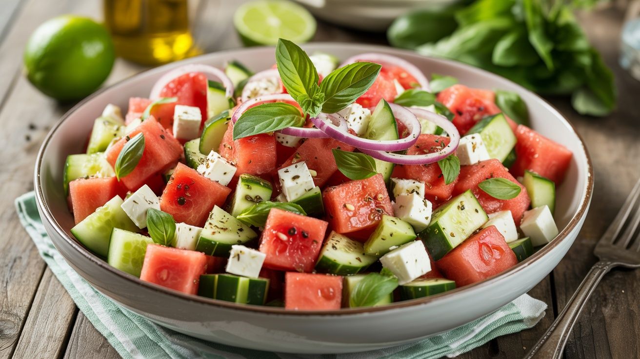 Colorful salad with watermelon and feta