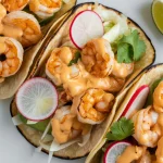 A top-down view of three grilled shrimp tacos on a white ceramic plate. The tacos are made with charred corn tortillas and filled with large, golden-brown shrimp coated in a creamy orange-colored sauce