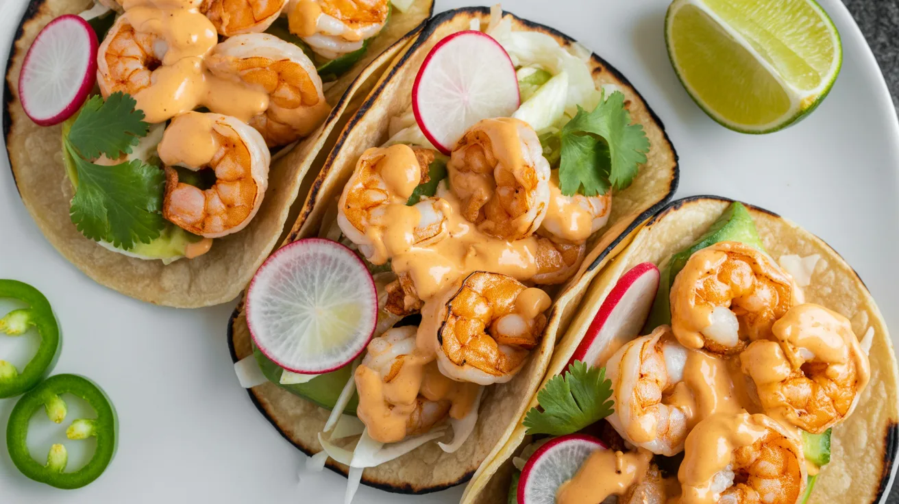 A top-down view of three grilled shrimp tacos on a white ceramic plate. The tacos are made with charred corn tortillas and filled with large, golden-brown shrimp coated in a creamy orange-colored sauce