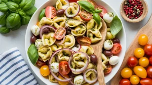 fresh pasta salad in a white ceramic bowl. The salad contains yellow tortellini pasta, halved red and yellow cherry tomatoes, thinly sliced red purple onions, and a chiffonade of fresh green basil leaves