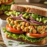 a vegan chickpea salad sandwich on a plate with visible tomato slices, red onion slices, and celery