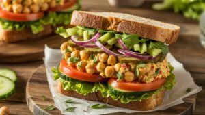 a vegan chickpea salad sandwich on a plate with visible tomato slices, red onion slices, and celery