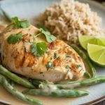 a plate with 2 chicken breasts and green beans covered in a creamy coconut lime sauce