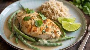 a plate with 2 chicken breasts and green beans covered in a creamy coconut lime sauce