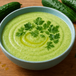 a bowl of bright green cold cucumber soup garnished with fresh parsley