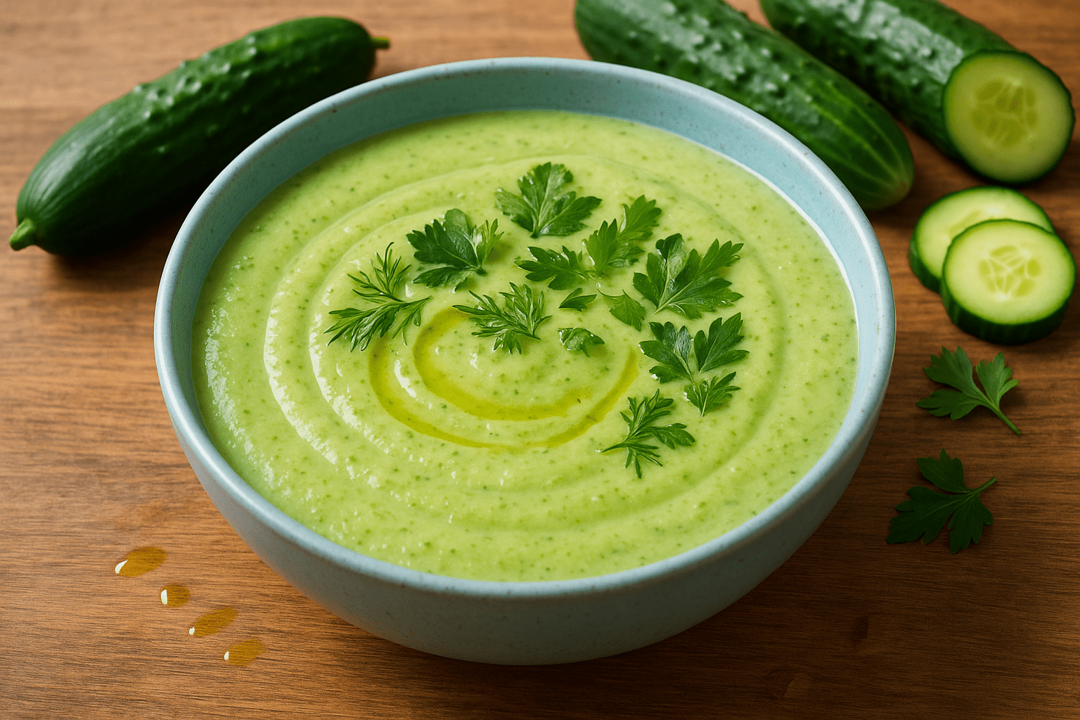 a bowl of bright green cold cucumber soup garnished with fresh parsley