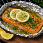 a salmon filet in a foil pouch with fresh herbs and lemon slices on top