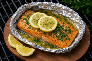 a salmon filet in a foil pouch with fresh herbs and lemon slices on top